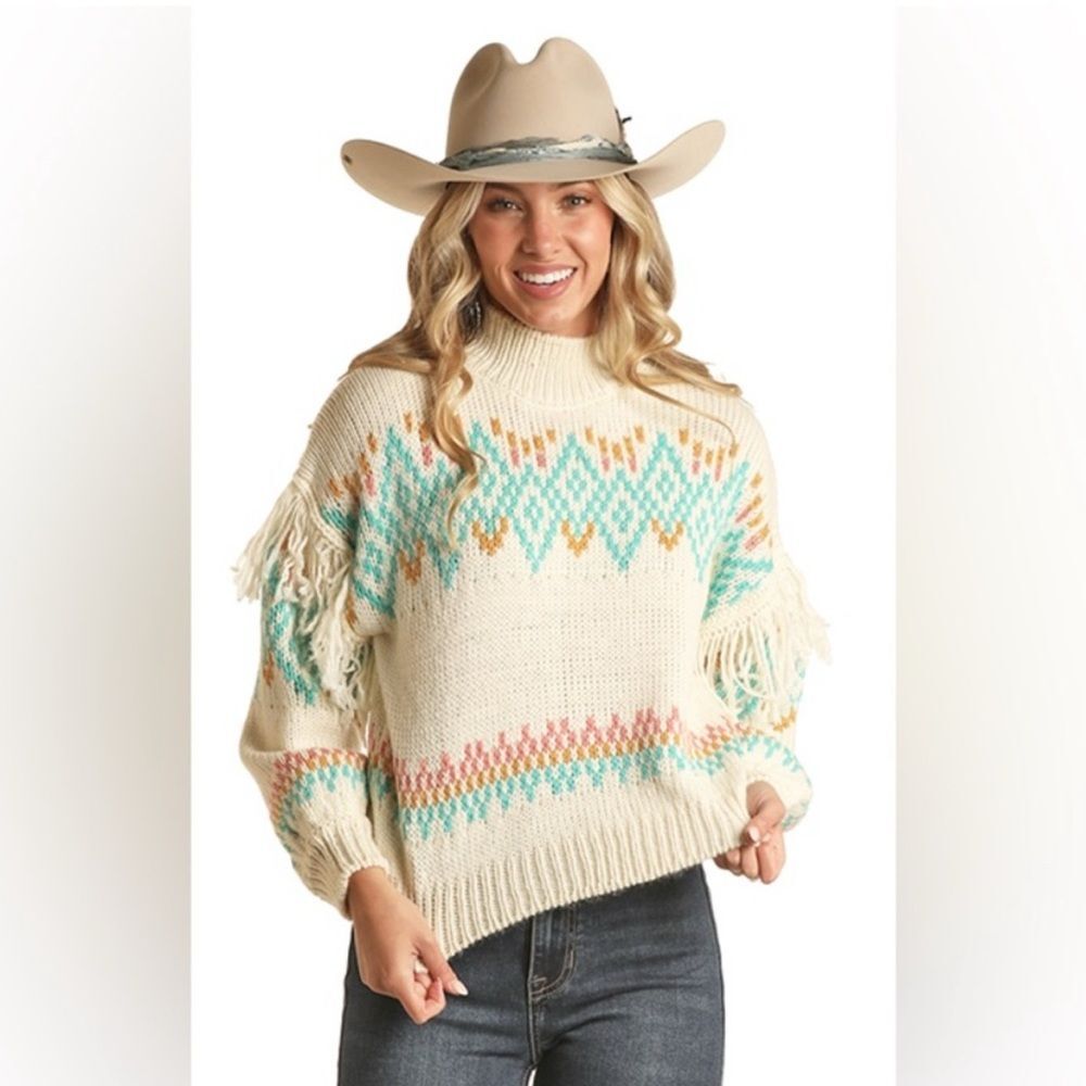 Rock & Roll | Southwestern Motif Cowboy Fringe Knit Sweater Oversized Small - Picture 2 of 8